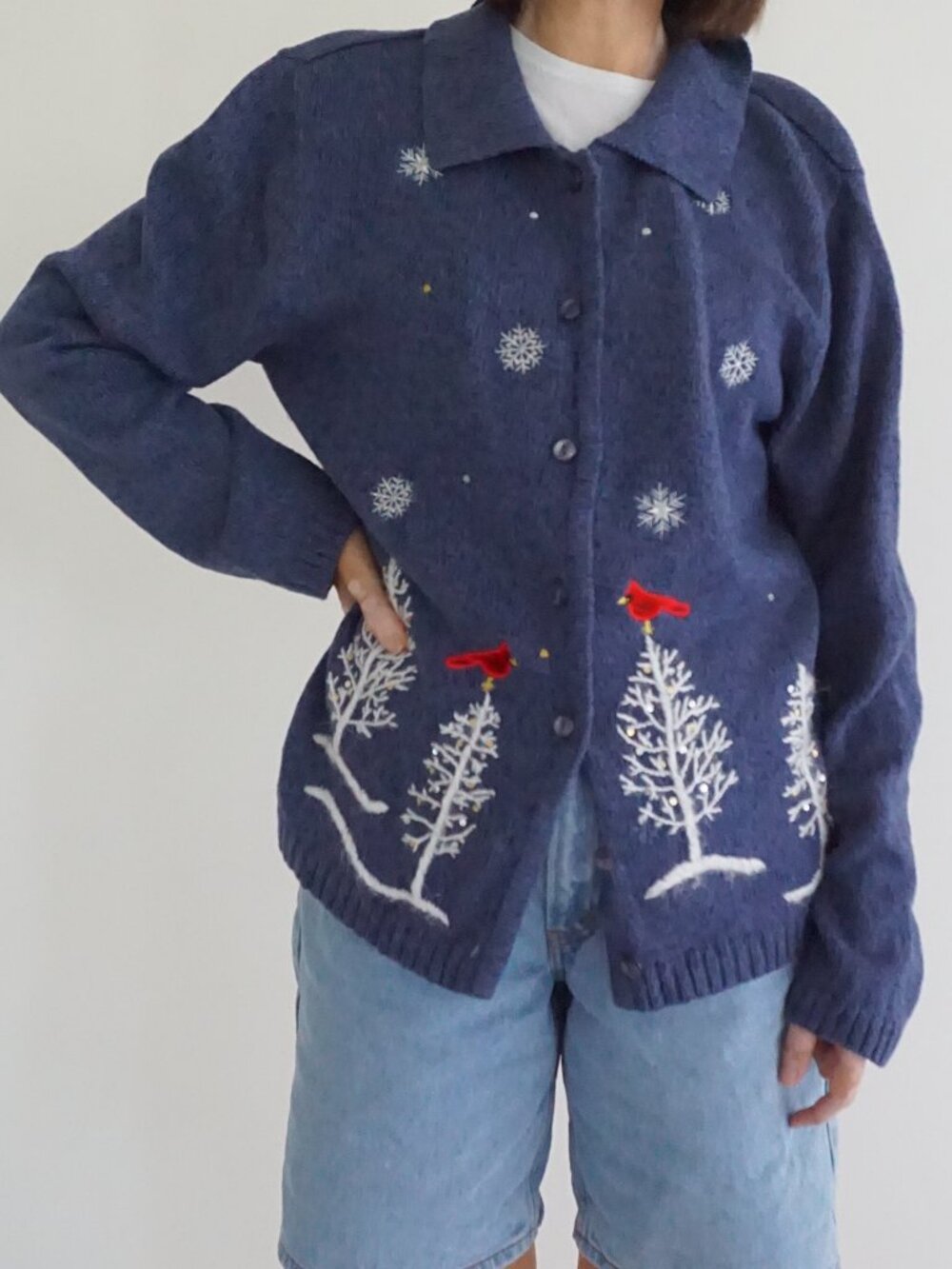 Vintage Classic Elements Blue White Snowflake Cardinal Christmas Cardigan XL